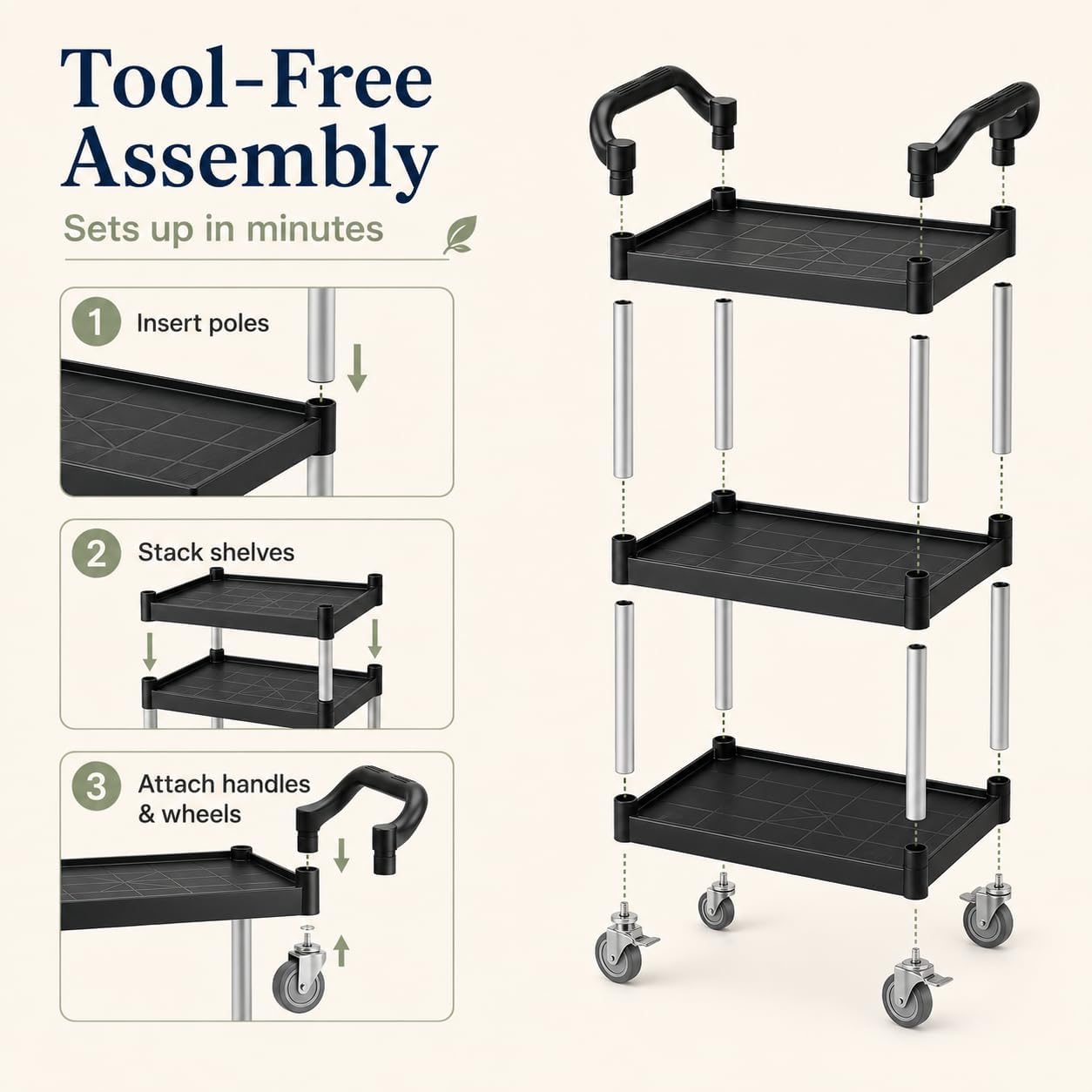 Heavy‑Duty 3‑Tier Rolling Utility Service Cart