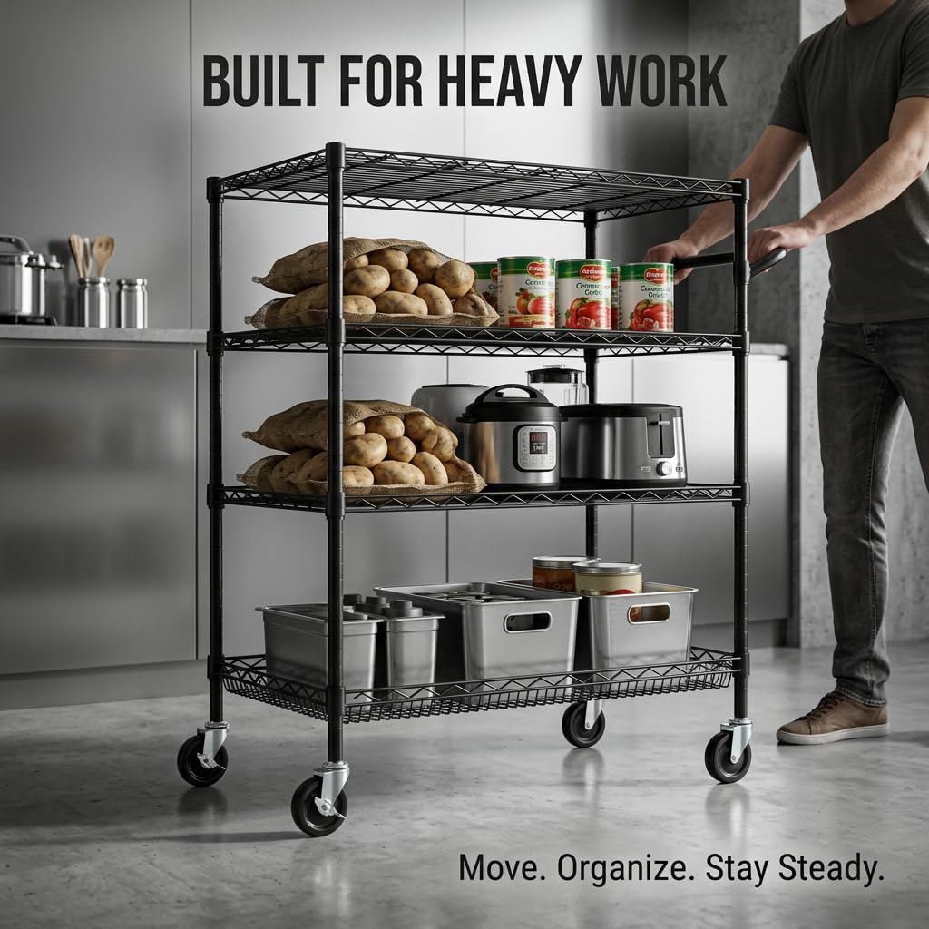 Black 4‑Tier Heavy‑Duty Metal Rolling Utility Cart