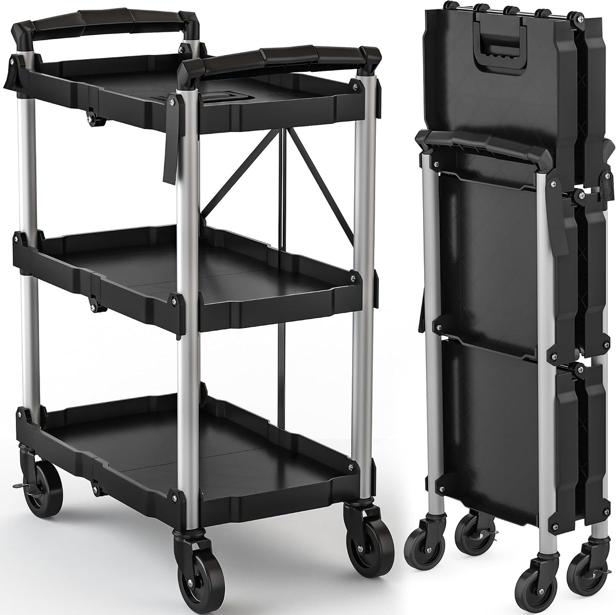 3‑Tier Foldable Rolling Utility Service Cart