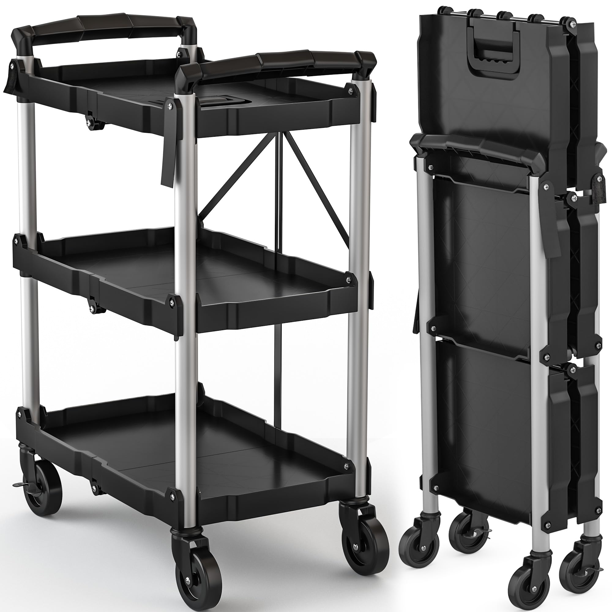 3‑Tier Foldable Rolling Utility Service Cart
