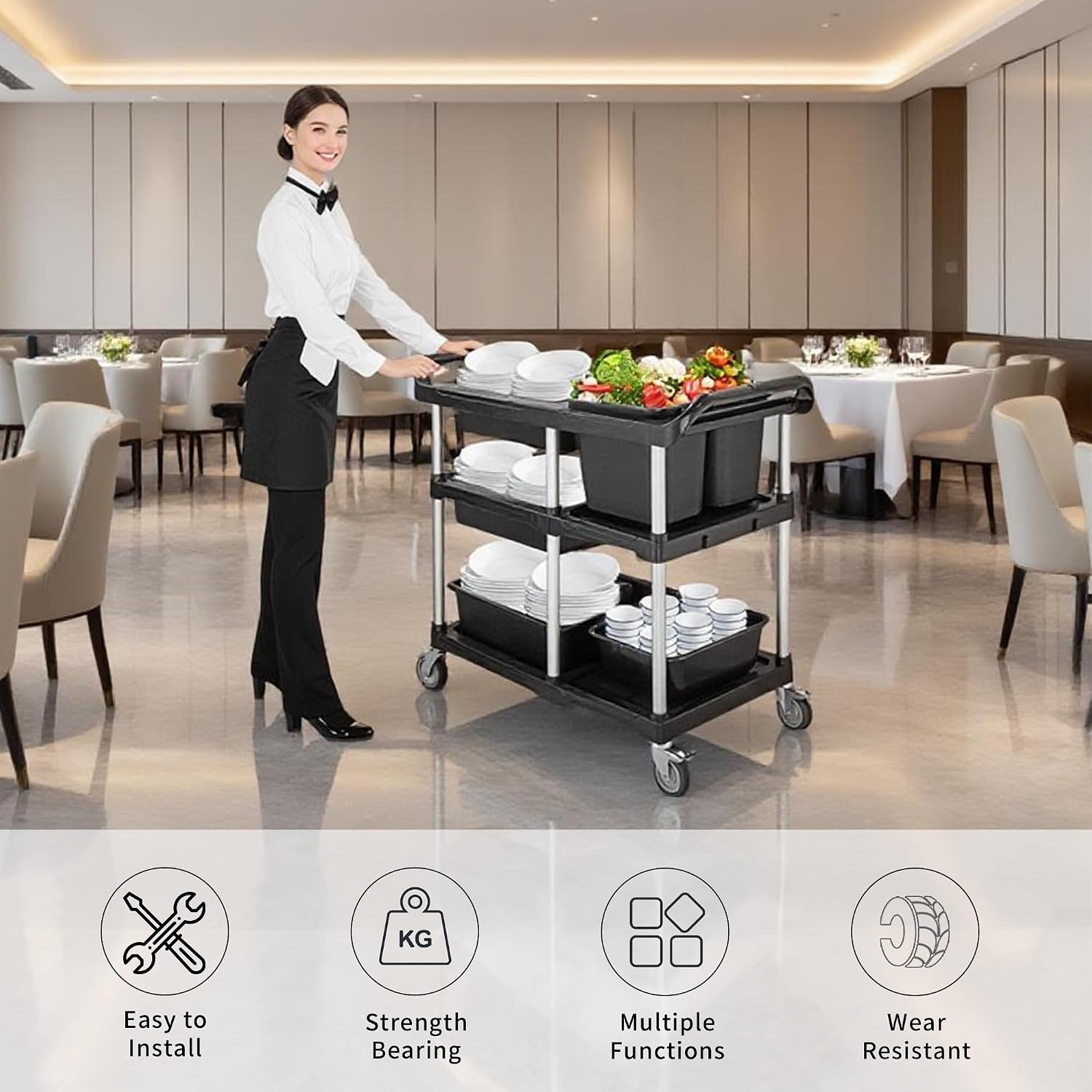 3‑Tier Commercial Rolling Food Service Cart