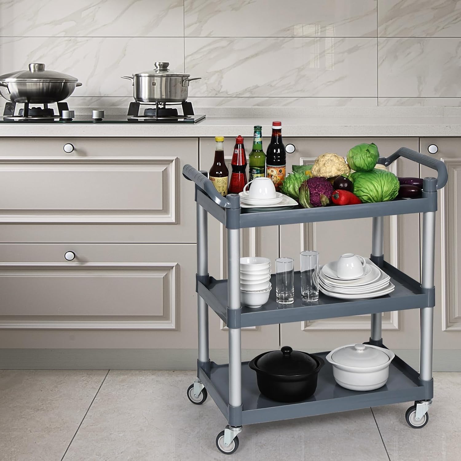 3‑Tier Heavy‑Duty Plastic Rolling Service Cart
