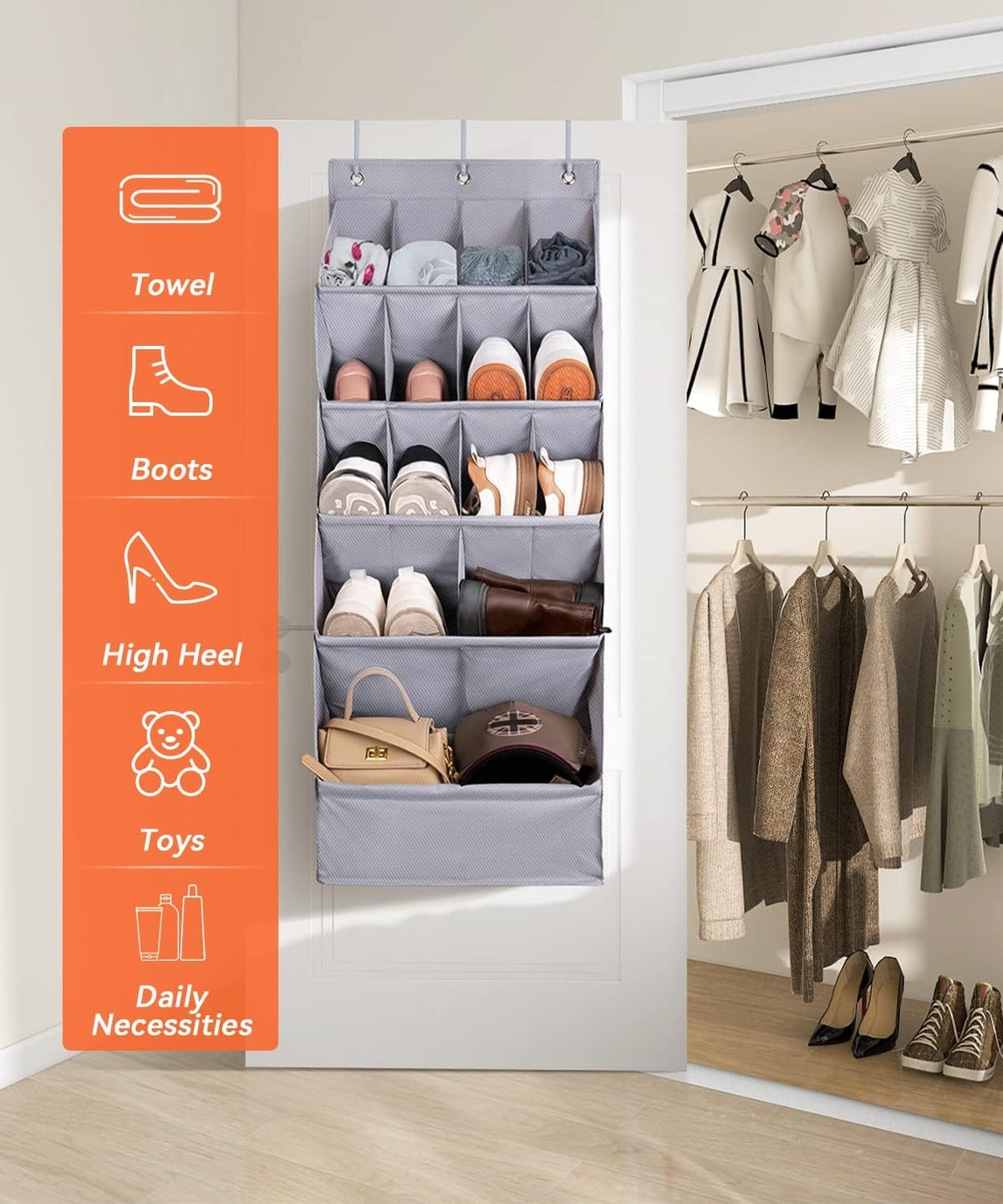Gray Over‑the‑Door Hanging Shoe Organizer