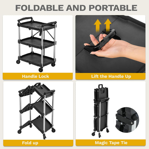 3‑Tier Foldable Rolling Utility Service Cart