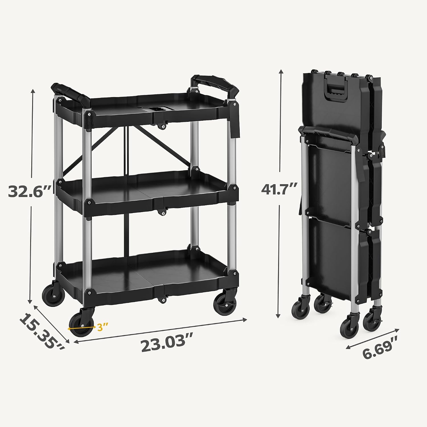 3‑Tier Foldable Rolling Utility Service Cart