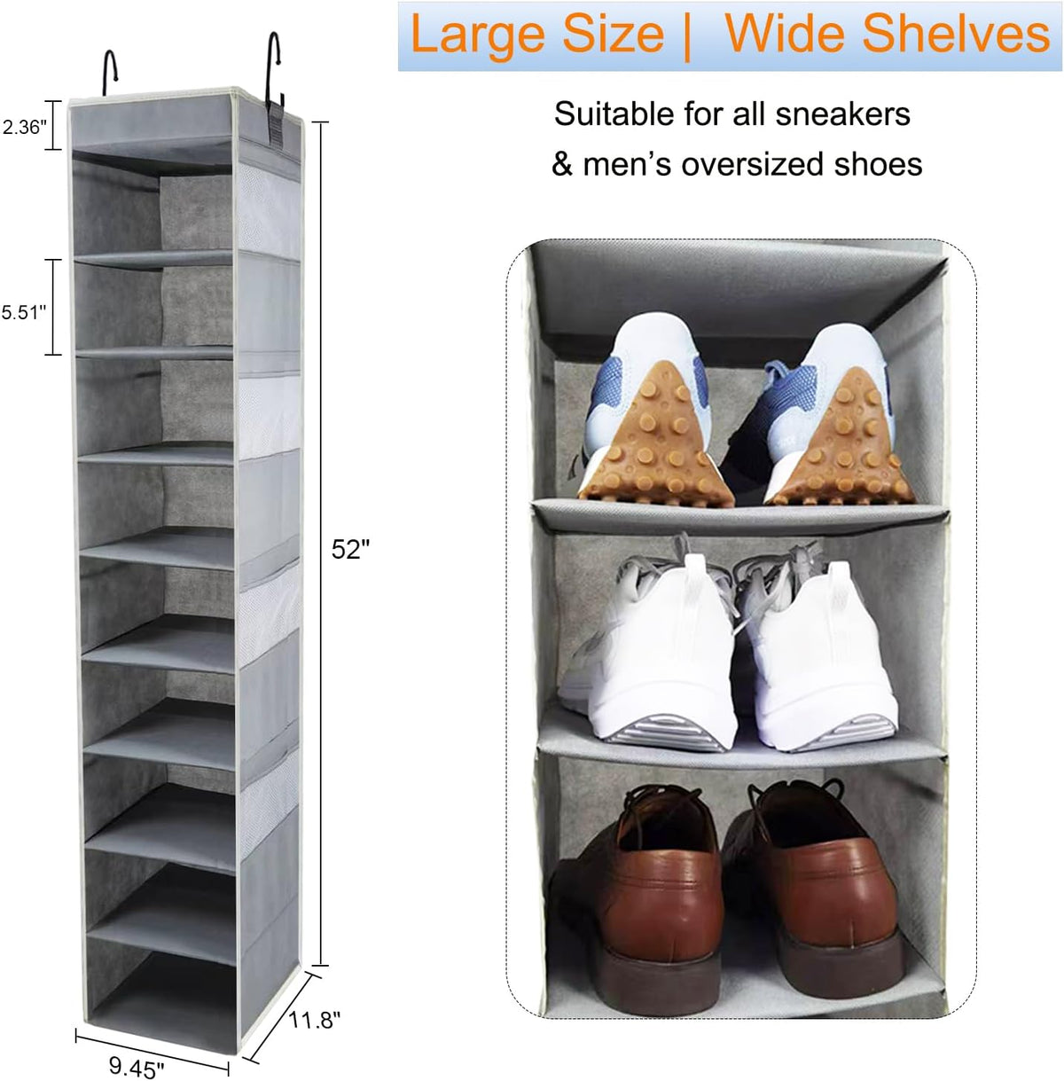 Grey Wide Hanging Closet Shoe Organizer