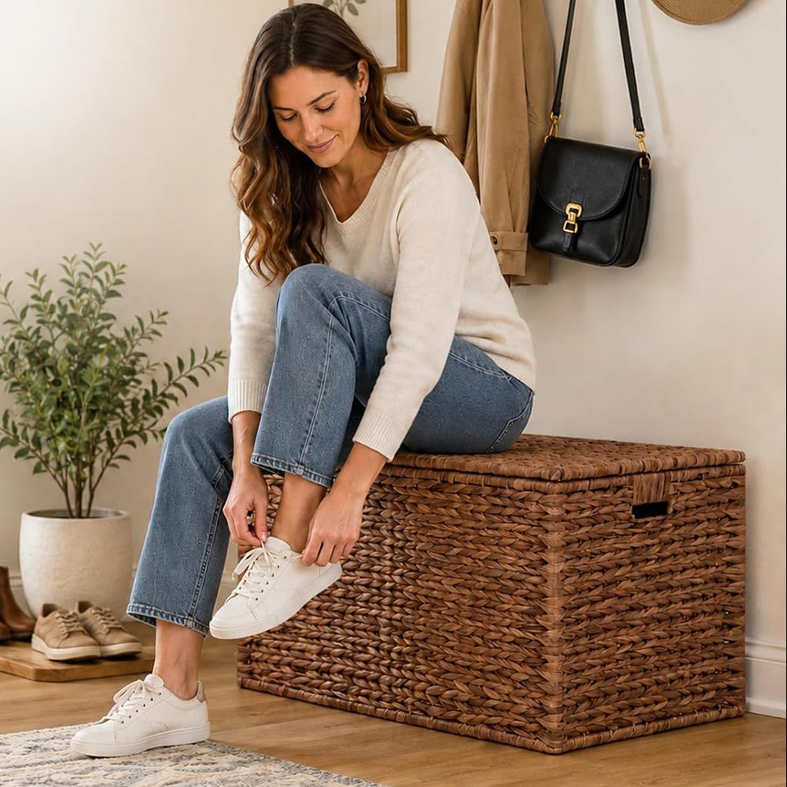 Brown Hand‑Woven Wicker Storage Trunk