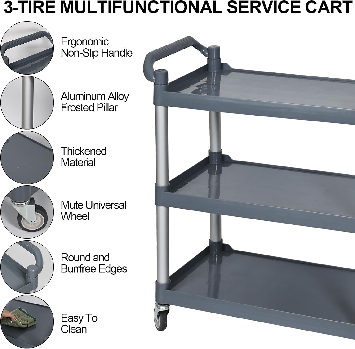 3‑Tier Heavy‑Duty Plastic Rolling Service Cart