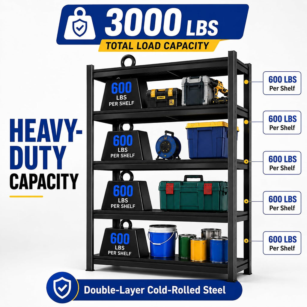 5‑Tier Heavy‑Duty Adjustable Metal Garage Storage Shelving