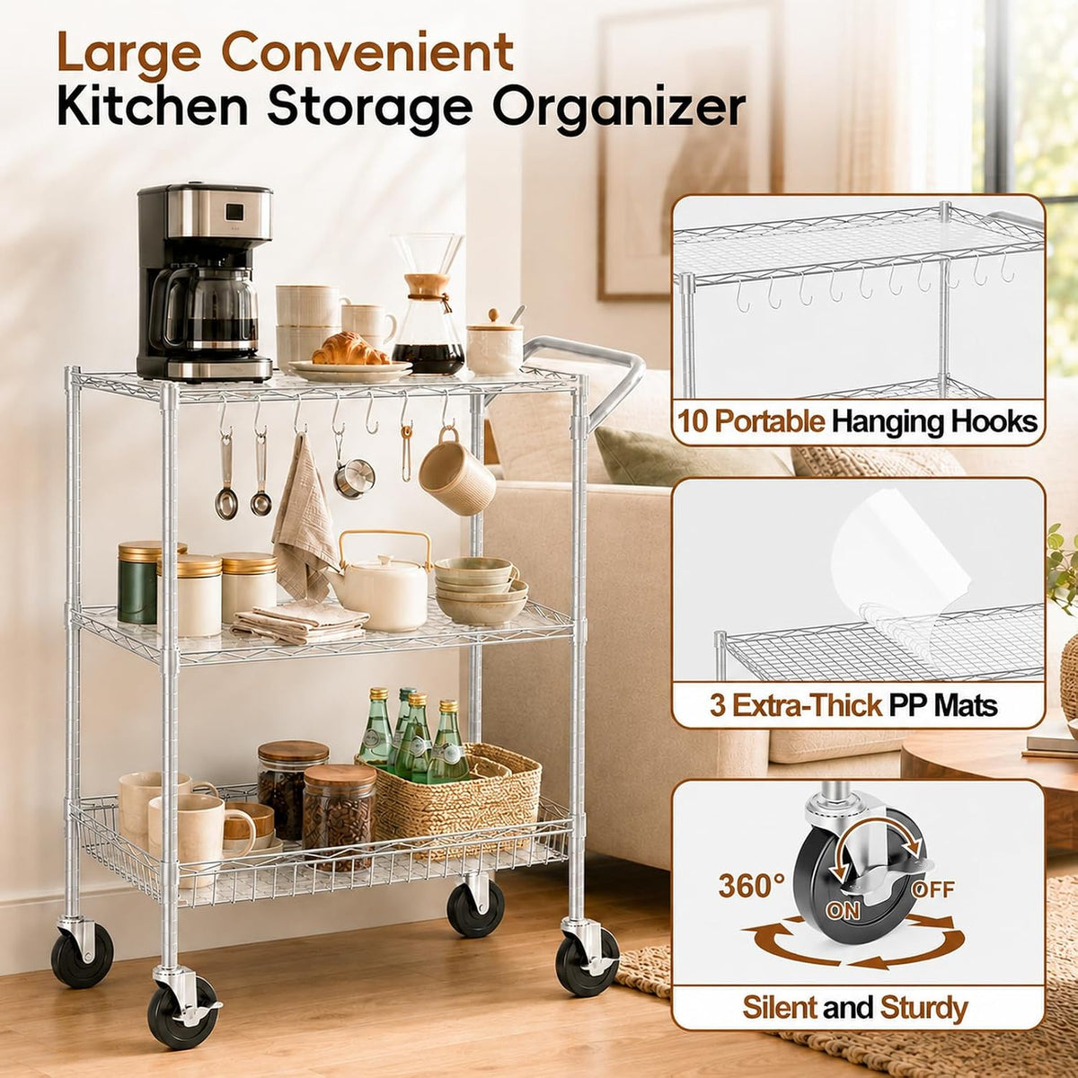 Silver‑Gray Metal Wire Rolling Storage Cart