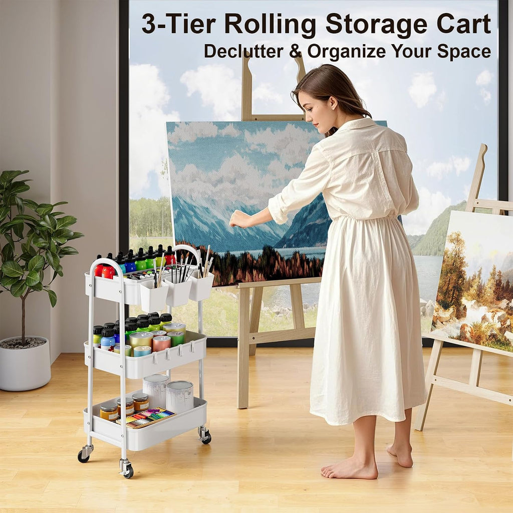 White Metal 3‑Tier Rolling Utility Storage Cart
