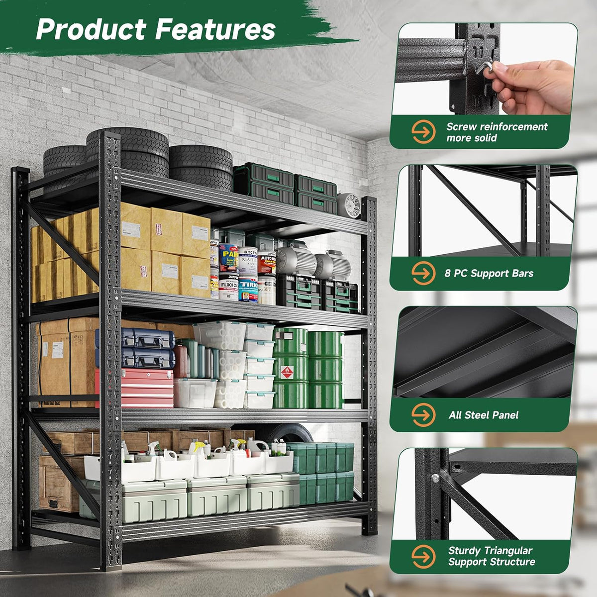 Black 4‑Tier Heavy‑Duty Adjustable Metal Garage Shelving