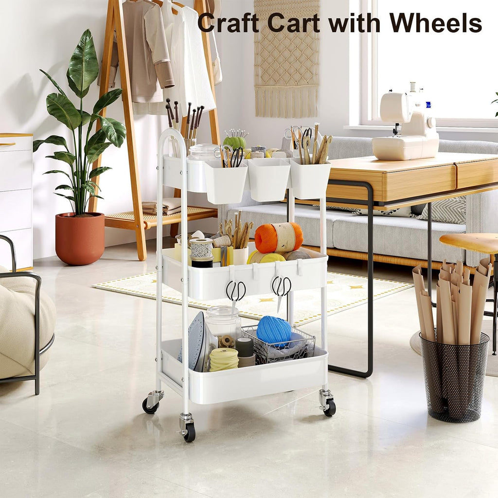 White Metal 3‑Tier Rolling Utility Storage Cart