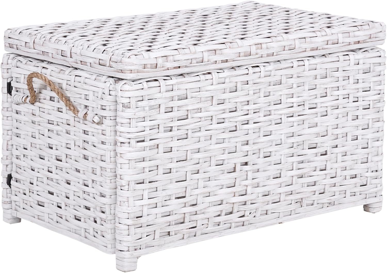 Distressed‑White Collapsible Wicker Storage Trunk