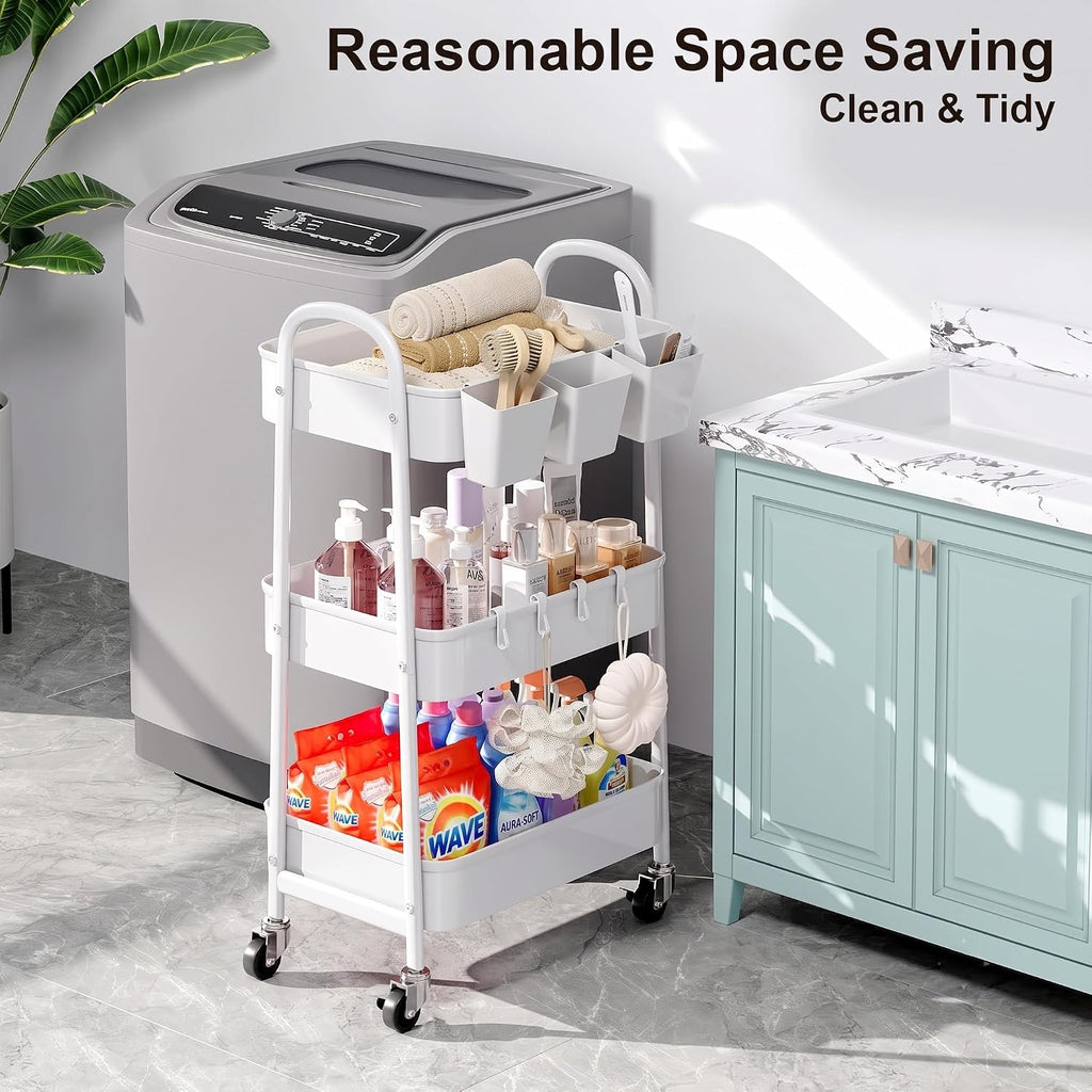 White Metal 3‑Tier Rolling Utility Storage Cart