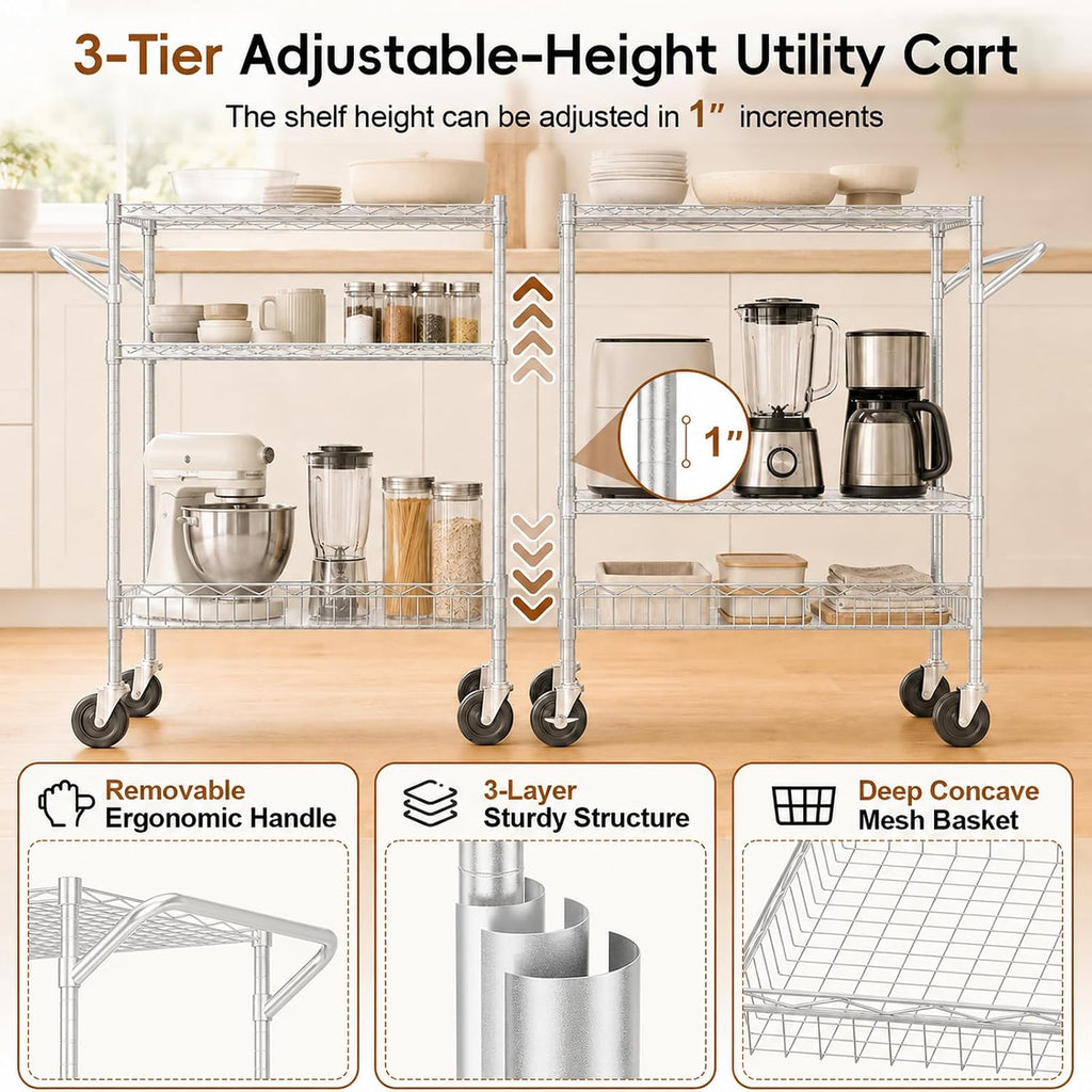 Silver‑Gray Metal Wire Rolling Storage Cart