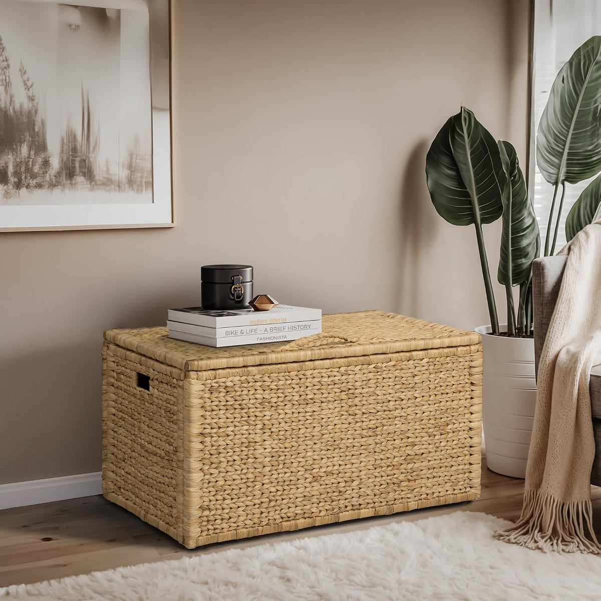 Natural Water‑Hyacinth Wicker Blanket Storage Trunk