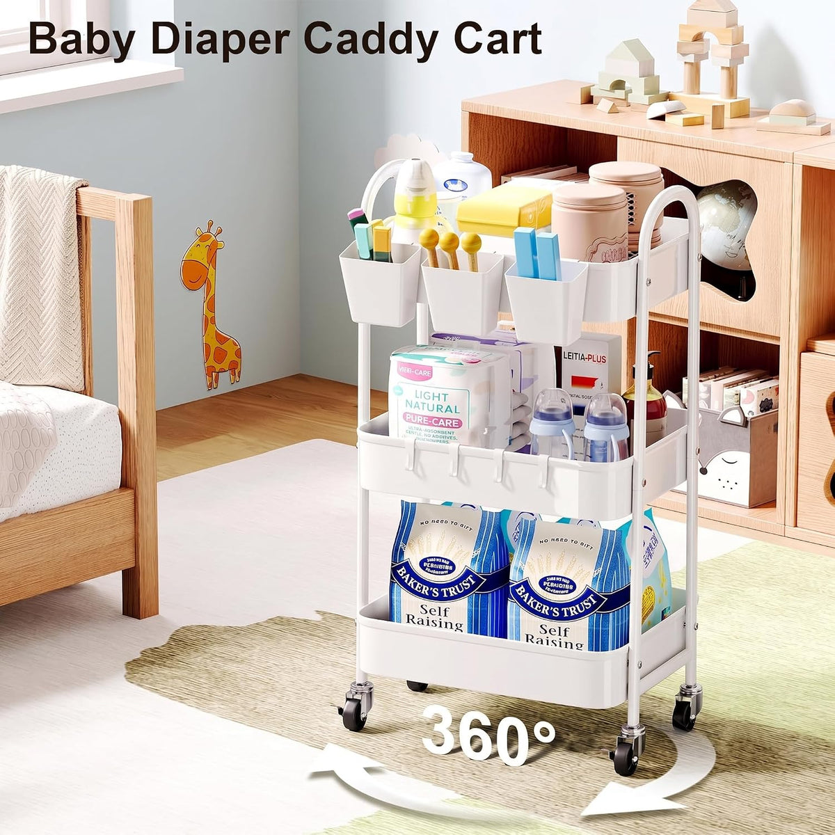 White Metal 3‑Tier Rolling Utility Storage Cart