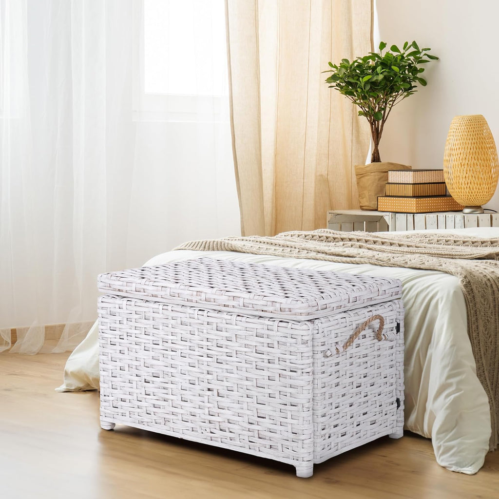 Distressed‑White Collapsible Wicker Storage Trunk