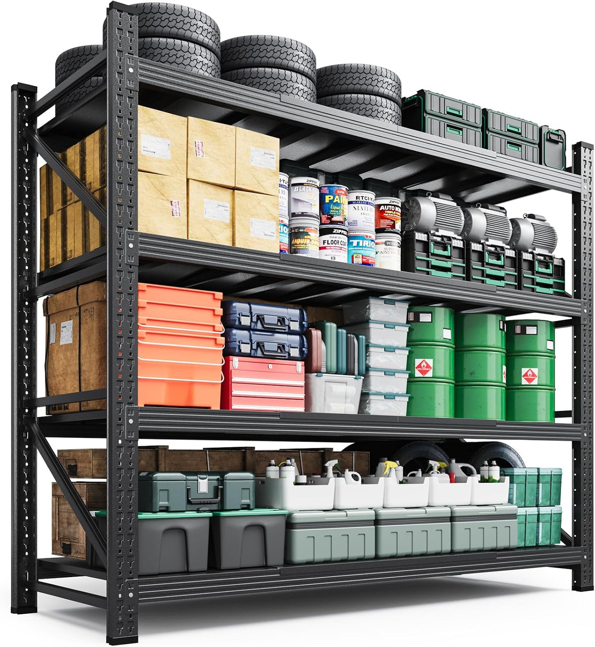 Black 4‑Tier Heavy‑Duty Adjustable Metal Garage Shelving