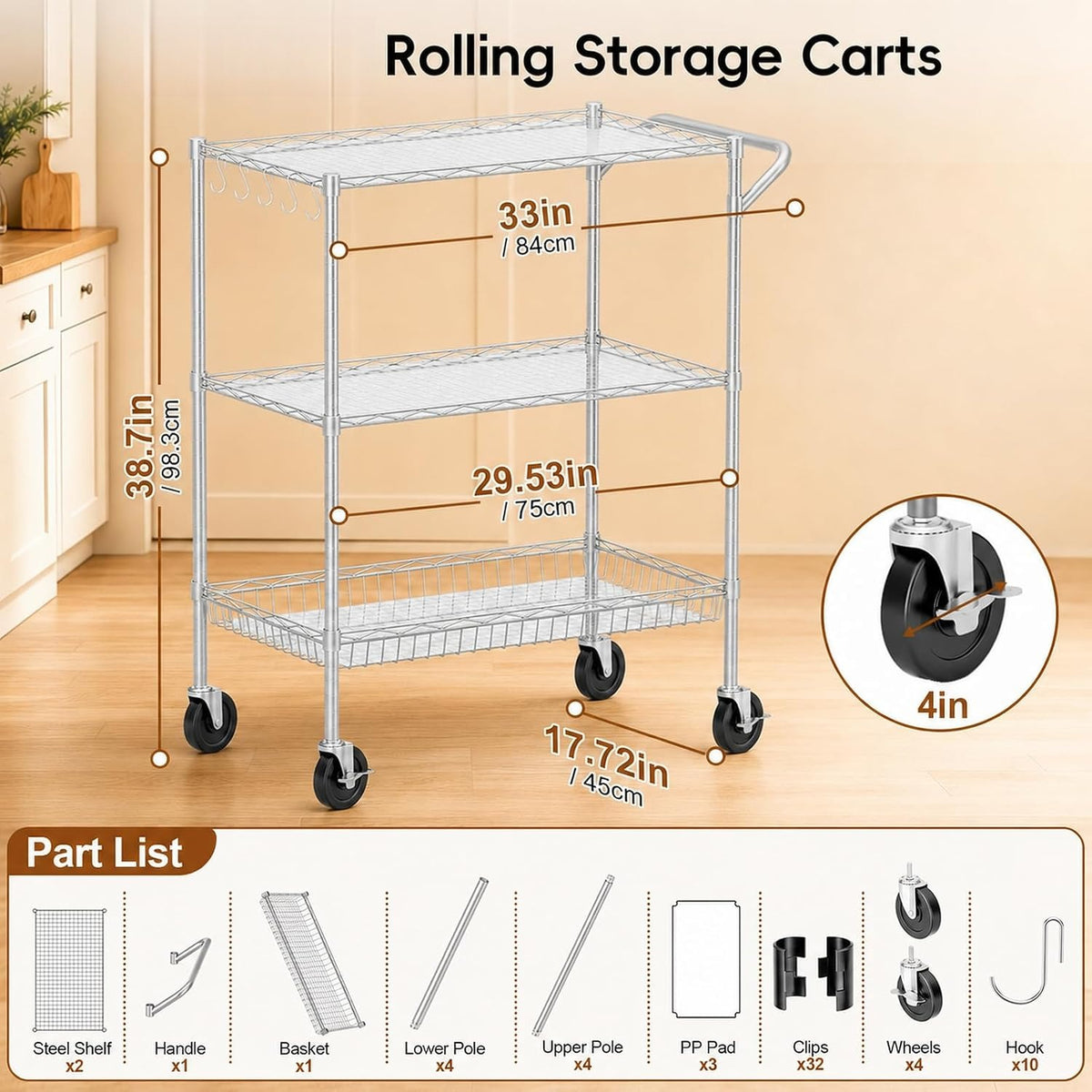 Silver‑Gray Metal Wire Rolling Storage Cart