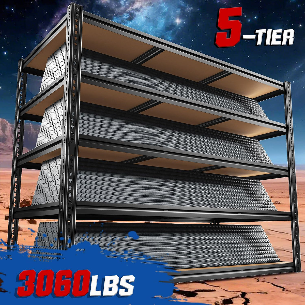 Black 5‑Tier Heavy‑Duty Adjustable Metal Garage Shelving