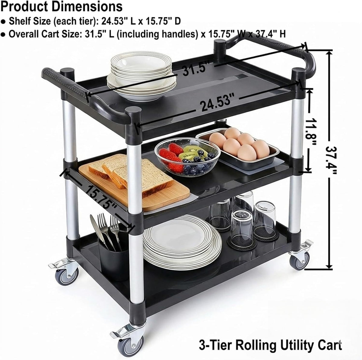 3‑Tier Heavy‑Duty Rolling Utility Service Cart